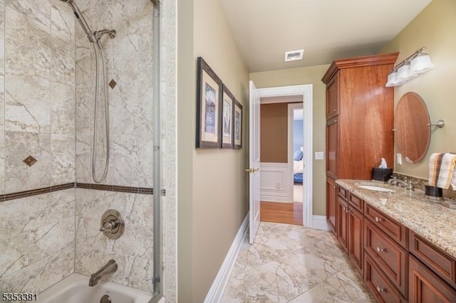 14 Jenny Ln, Vernon Twp, NJ 07461 - full bathroom featuring visible vents, marble finish floor, shower / bath combination, and vanity