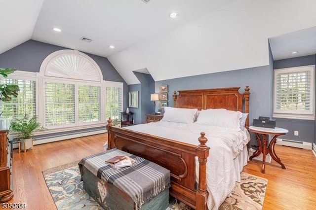 14 Jenny Ln, Vernon Twp, NJ 07461 - bedroom featuring light wood finished floors, recessed lighting, lofted ceiling, a baseboard radiator, and visible vents