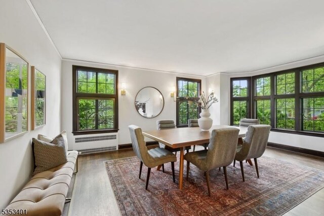 dining space with radiator, crown molding, wood finished floors, and baseboards