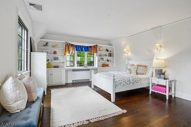 bedroom featuring radiator heating unit, multiple windows, and wood finished floors