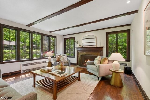 living area with radiator, baseboards, beamed ceiling, a fireplace with flush hearth, and wood finished floors