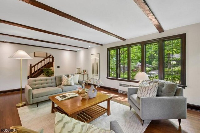 living area with beamed ceiling, healthy amount of natural light, baseboards, radiator, and light wood-style flooring