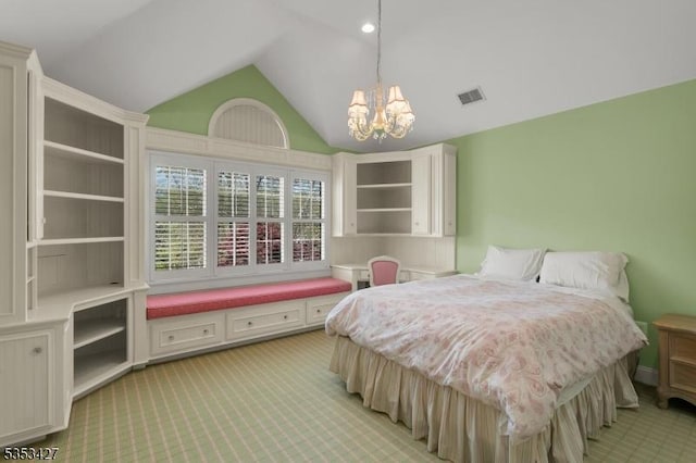 bedroom featuring visible vents, light carpet, lofted ceiling, and a notable chandelier