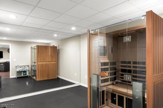 view of sauna / steam room featuring recessed lighting and baseboards
