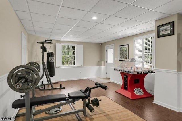exercise area featuring a paneled ceiling and wood finished floors