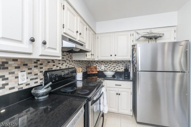 kitchen featuring stainless steel appliances, white cabinets, and under cabinet range hood