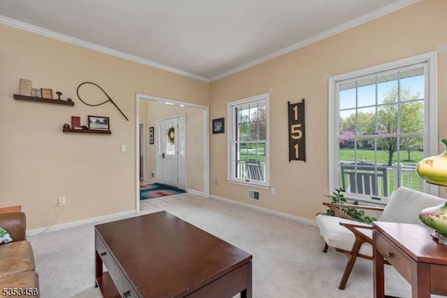 living room featuring baseboards, light colored carpet, ornamental molding, and visible vents