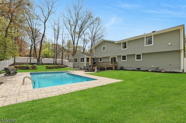 view of pool with a fenced backyard, a patio area, and a wooden deck