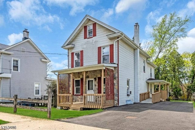 97 Belvidere Ave, Oxford Twp, NJ 07863 - view of front of house with a chimney, a porch, driveway, and stone siding