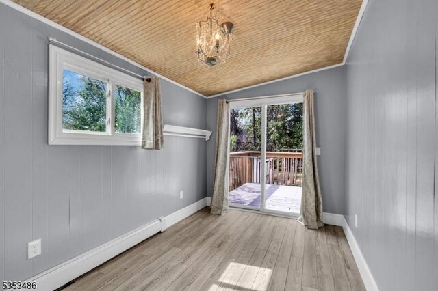 97 Belvidere Ave, Oxford Twp, NJ 07863 - spare room featuring wooden ceiling, vaulted ceiling, baseboards, ornamental molding, and baseboard heating