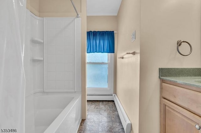 97 Belvidere Ave, Oxford Twp, NJ 07863 - bathroom featuring shower / bath combo, vanity, baseboard heating, and a baseboard heating unit