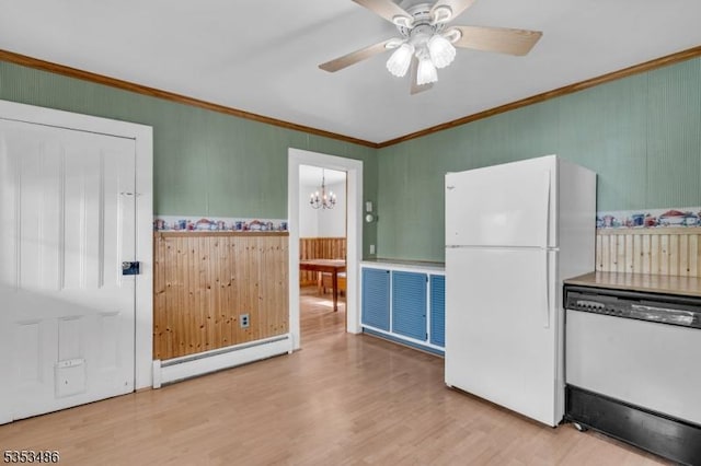 97 Belvidere Ave, Oxford Twp, NJ 07863 - kitchen featuring white appliances, a baseboard heating unit, wood finished floors, and ornamental molding