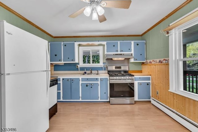 97 Belvidere Ave, Oxford Twp, NJ 07863 - kitchen featuring blue cabinets, white appliances, baseboard heating, ornamental molding, and a sink
