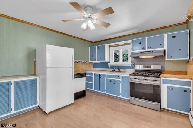97 Belvidere Ave, Oxford Twp, NJ 07863 - kitchen with blue cabinets, white appliances, under cabinet range hood, ornamental molding, and a sink