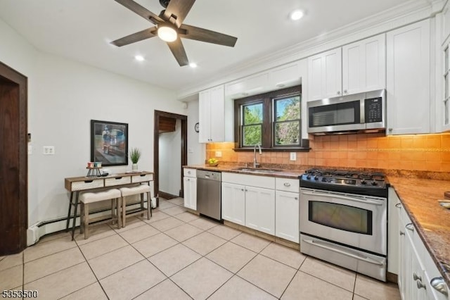 kitchen with white cabinets, a sink, stainless steel appliances, recessed lighting, and tasteful backsplash