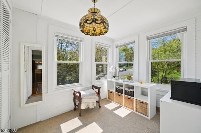 sunroom featuring plenty of natural light, ornamental molding, and carpet floors