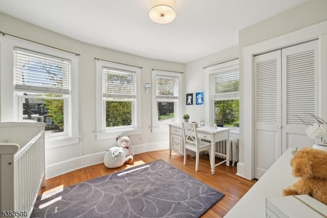 bedroom with baseboards, wood finished floors, and a closet