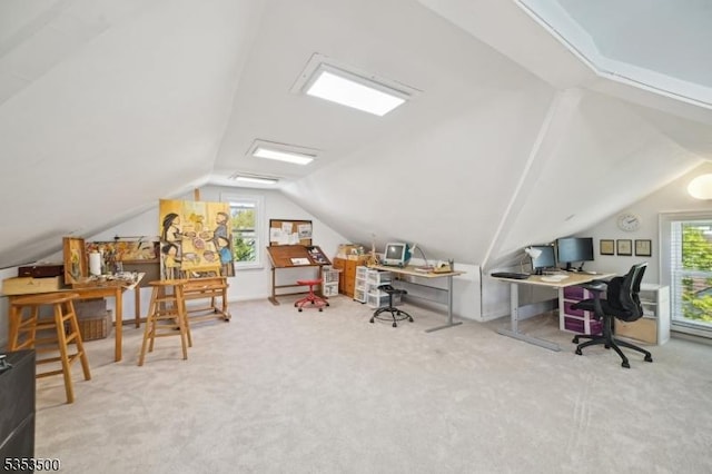 home office featuring carpet flooring and lofted ceiling