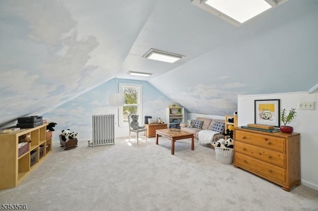 interior space with radiator, carpet floors, and lofted ceiling