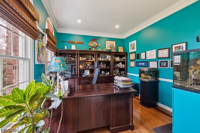 office space with recessed lighting, wood finished floors, and crown molding
