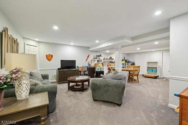 living room with baseboards, recessed lighting, and carpet floors
