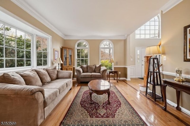living room featuring ornamental molding and light wood-style flooring