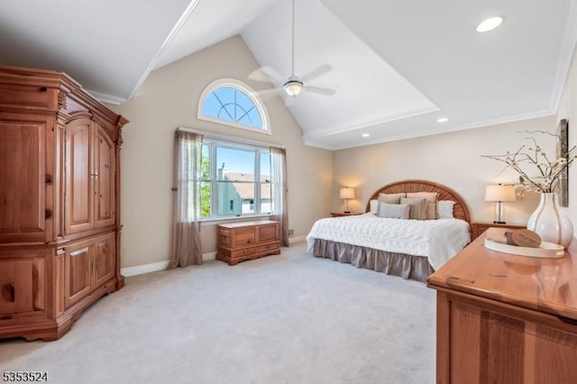 bedroom featuring a ceiling fan, baseboards, lofted ceiling, light carpet, and recessed lighting