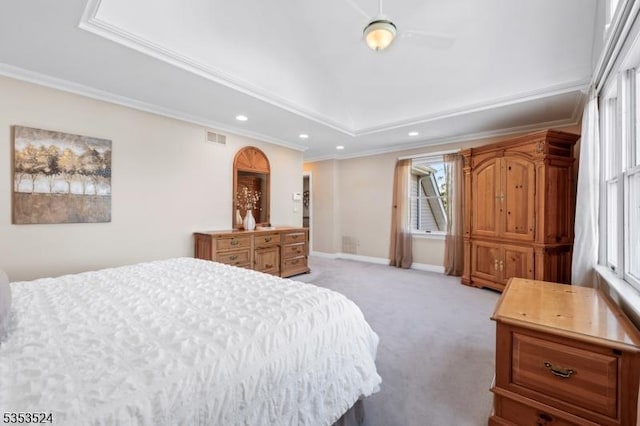 bedroom with crown molding, visible vents, recessed lighting, and light colored carpet