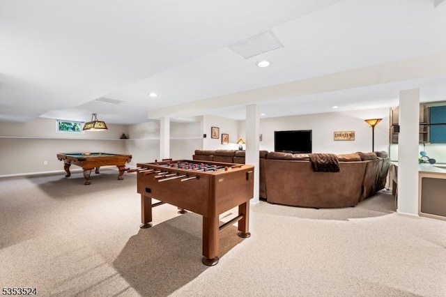 playroom with billiards, baseboards, recessed lighting, and light colored carpet