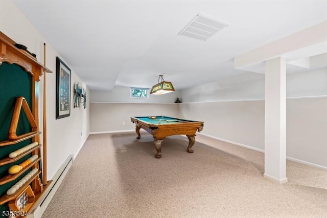 playroom with visible vents, carpet floors, baseboards, a baseboard heating unit, and pool table