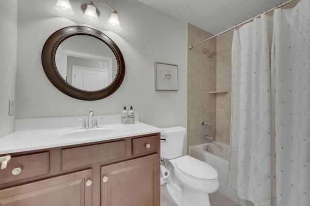 full bath with vanity, tile patterned flooring, shower / bath combination with curtain, and toilet