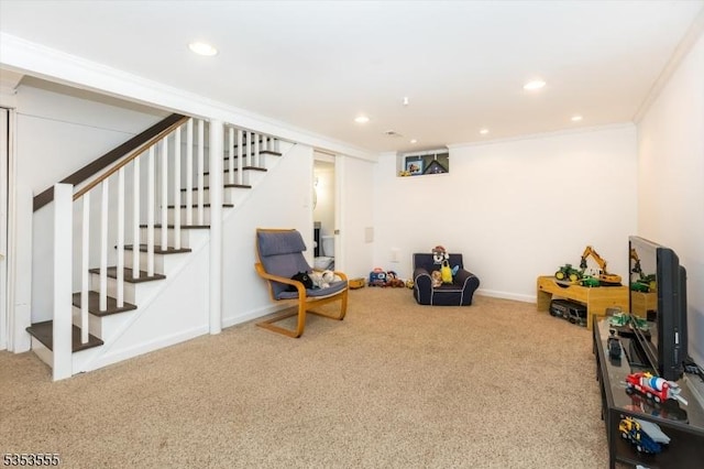 interior space featuring recessed lighting, ornamental molding, baseboards, and carpet floors
