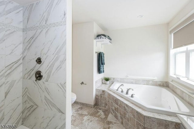 bathroom featuring toilet, tiled shower, and a bath