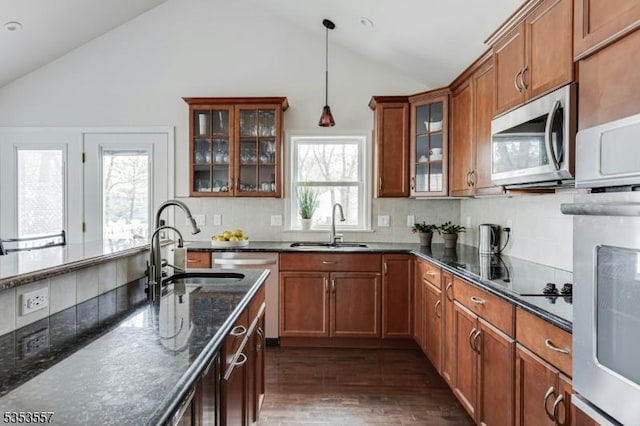 kitchen with dark wood-style flooring, appliances with stainless steel finishes, a sink, and vaulted ceiling