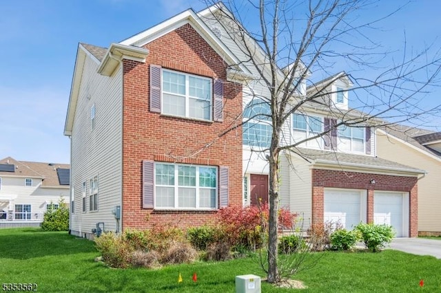 23 Schenck Ln, Franklin Twp, NJ 08873 - traditional home with concrete driveway, a garage, a front lawn, and brick siding