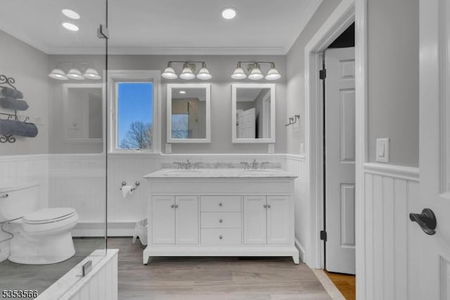 full bath with toilet, crown molding, a wainscoted wall, and a sink