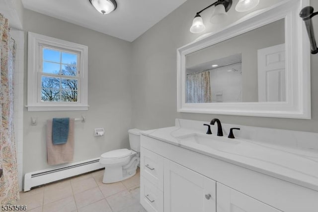bathroom featuring tile patterned flooring, a shower with curtain, baseboard heating, toilet, and vanity