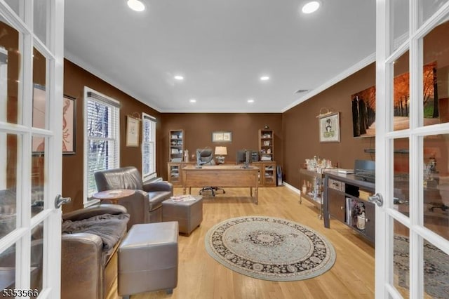 office space with wood finished floors, french doors, recessed lighting, and ornamental molding