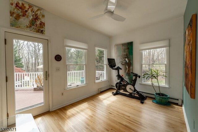 2 Natale Dr, Sparta Twp, NJ 07871 - exercise area featuring light wood-style flooring, ceiling fan, a baseboard heating unit, and a healthy amount of sunlight