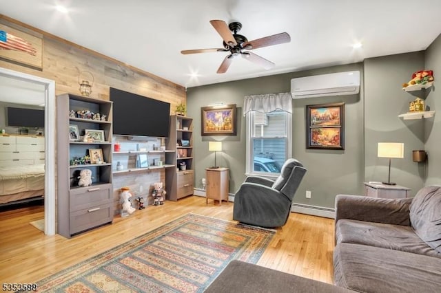 67 May St, Hawthorne Boro, NJ 07506 - living area featuring a wall mounted AC, ceiling fan, light wood-type flooring, and baseboard heating