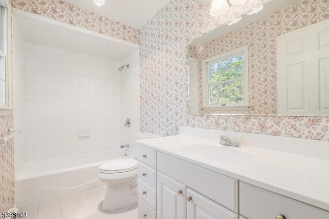 full bath with vanity, tile patterned flooring, shower / bathtub combination, toilet, and wallpapered walls