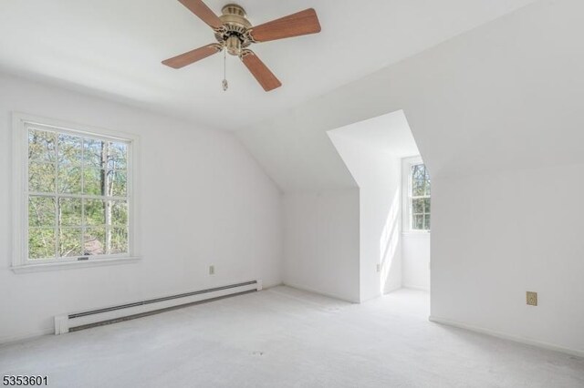 bonus room featuring vaulted ceiling, a ceiling fan, carpet, and a baseboard heating unit