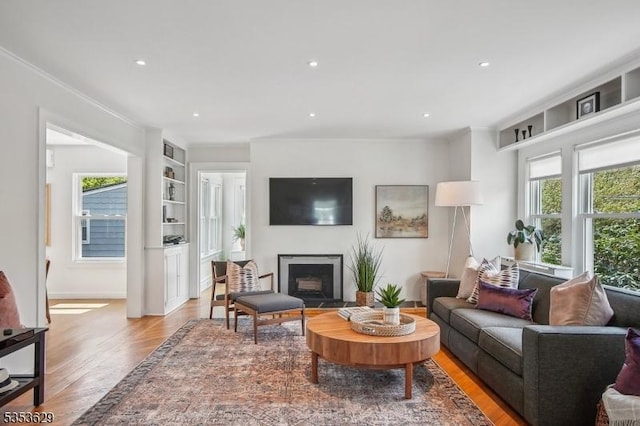 living area with crown molding, wood finished floors, a fireplace, baseboards, and recessed lighting