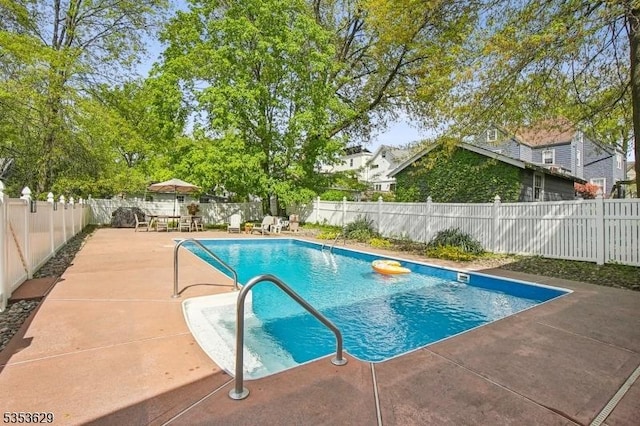 view of swimming pool with a fenced backyard, a fenced in pool, and a patio