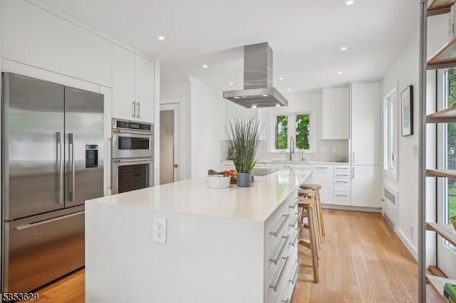 kitchen with appliances with stainless steel finishes, light countertops, a sink, ventilation hood, and white cabinets