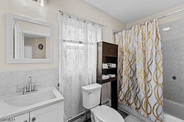 bathroom featuring a baseboard heating unit, tile walls, shower / bathtub combination with curtain, toilet, and vanity
