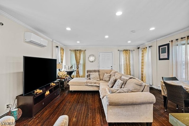living area with hardwood / wood-style floors, a wall mounted air conditioner, ornamental molding, and recessed lighting
