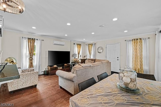 dining area featuring dark wood-type flooring, recessed lighting, crown molding, and an AC wall unit