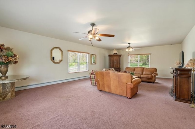 living room featuring ceiling fan, light colored carpet, baseboards, and a baseboard radiator