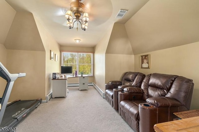 cinema room with light colored carpet, a baseboard heating unit, vaulted ceiling, and visible vents